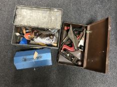 Three metal tool boxes including hand tools,
