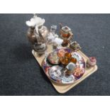 A tray of oriental wares including Japanese tea set, Lladro geisha figure,