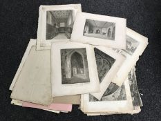 Two folios of unframed antiquarian black and white prints,