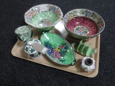A tray of three pieces of Maling lustre ware, Royal Winton toast rack,