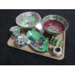 A tray of three pieces of Maling lustre ware, Royal Winton toast rack,