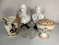 A collection of costume jewellery together with pottery vase, pair of busts, cruet etc.