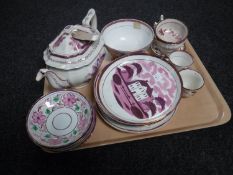 A tray of sixteen pieces of antique lustre china