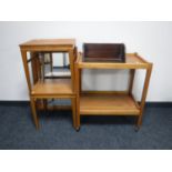 A pair of teak side tables, a pine framed mirror,