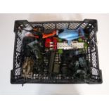 A basket of die-cast vehicles including Batman Batmobile helicopter and car with plastic figures,