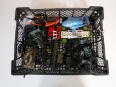 A basket of die-cast vehicles including Batman Batmobile helicopter and car with plastic figures,