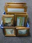 A box containing ten miniature framed oils including a J Bird oil on board of St.