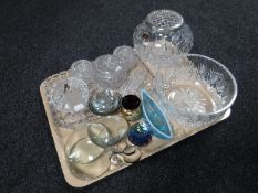 A tray containing assorted glass ware including Royal Doulton International Crystal rose bowl and