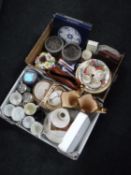 Two boxes of Maling bowls, child's tea service, metal ware, cased cutlery, crested spoons,