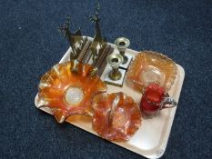 A tray of three pieces of Carnival glass, cranberry glass jug,