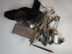 A box of plated cutlery, windmill pepper pot, Acme whistle, WWII cigarette case,