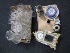 A box of assorted glass ware and a tray of Juliana mantel clock, beer steins,