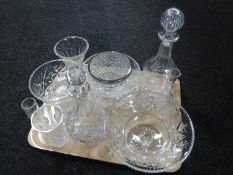 A tray of cut glass decanters, vases,