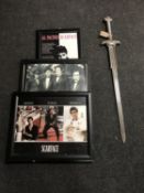 An ornamental sword and three framed movie pictures - The Godfather and Scarface etc