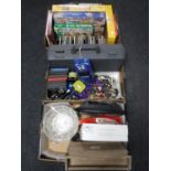 Four boxes of board games, kitchen ware, costume jewellery, CDs, an Ikea occasional table,