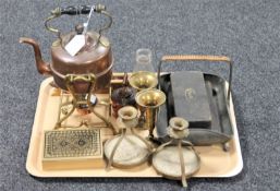 A tray of copper kettle on stand, loom shuttle, boxed precision clamps,
