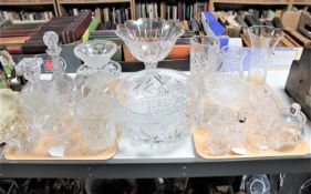 Two trays of 20th century crystal including decanters,