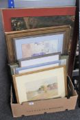 A box of various 20th century pictures and prints,