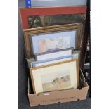 A box of various 20th century pictures and prints,