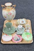 A tray of Wedgwood green jasperware, Crown Devon twin handled vase,