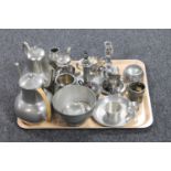 A tray of continental pewter and silver plated tea wares,