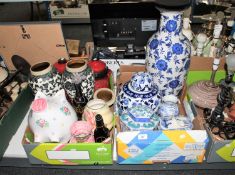 Two boxes of Oriental pattern blue and white china,