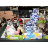 Two boxes of Oriental pattern blue and white china,