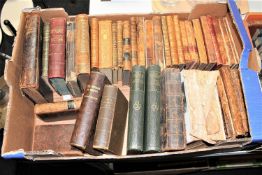A box of a collection of antiquarian leather bound volumes; The Waverley Novels, Tennyson,