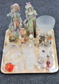 A tray of various glass ware including paperweights, Goebel and other continental figures,