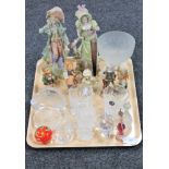 A tray of various glass ware including paperweights, Goebel and other continental figures,