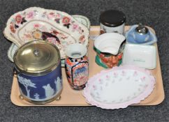 A tray of Imari porcelain baluster vase, Wedgwood jasperware biscuit barrel and lighter,