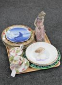 A tray of plates including Royal Crown Derby, Royal Copenhagen, Spanish figure,