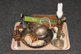 A tray of boxed Dolmetsch recorder and an Alios recorder, Persian knife in sheath, brass ware,