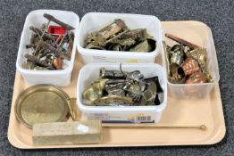 A tray of various brass and copper ware; bells, hour glasses, silver plated cutlery,