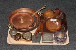 A tray of antique French copper pans, treen trinket boxes,