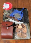 A small tray of copper coins, field binoculars, wrist watches, further coins etc.
