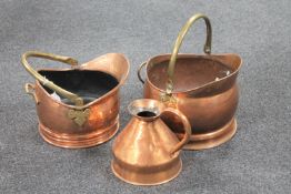 Two copper coal buckets and a copper jug