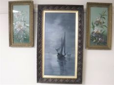 A pair of early 20th century gilt framed paintings on glass and an oil on canvas in a heavily