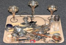 A tray of silver plated table centrepiece, plated cutlery,