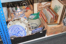 A box of continental earthenware china together with a box of pictures