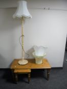 A pine coffee table fitted a lamp table and a standard lamp with three shades