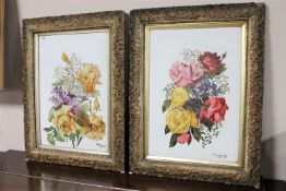 Two gilt framed hand painted panels, still life of flowers, signed A. Dinning, dated 1907 and 1909.