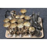 A tray of silver plated goblets,
