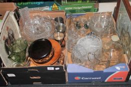 Two boxes of assorted glassware, Queens Silver Jubilee metal tray, wooden wall plaques,