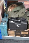 A box of army ruck sack, clothing, helmet,