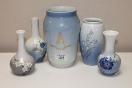 Three Royal Copenhagen vases and twp Bing & Grondahl vases (5)