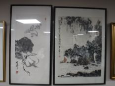 Two Japanese watercolours in silk lined frames