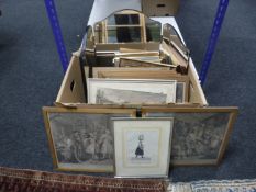 A box of pictures and prints, triple frameless mirror,