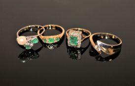 Four gold rings - 18ct gold emerald and pearl, 9ct gold emerald and diamond,