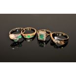 Four gold rings - 18ct gold emerald and pearl, 9ct gold emerald and diamond,